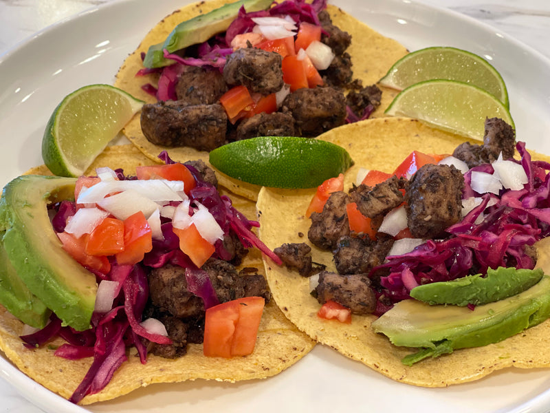Jamaican Jerk Chick’n Tacos w/ Red Cabbage Slaw